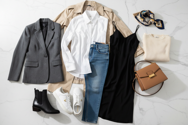 Curated wardrobe flat lay showing 10 essential fashion pieces every woman needs in 2026