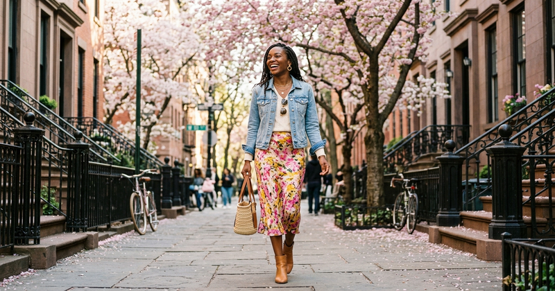 Editorial spring fashion hero shot of a model walking in NYC