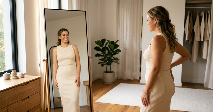 Confident woman in fitted dress looking in mirror — best Spanx alternatives and shapewear brands 2026