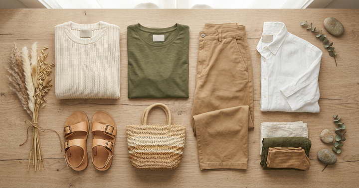 Eco-friendly wardrobe flat lay on natural linen surface