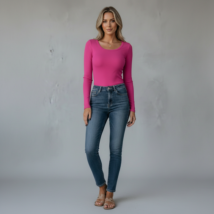 Long Sleeve Crew Neck Ribbed Top - back view