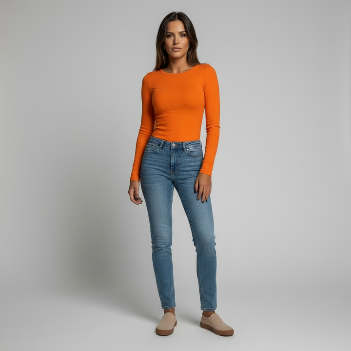 Long Sleeve Crew Neck Ribbed Top - colour option