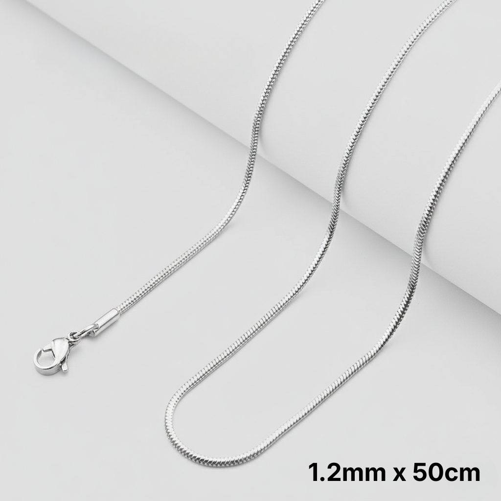 Polished stainless steel snake chain necklace with mirror finish, 50 cm length, minimal pendant-free design