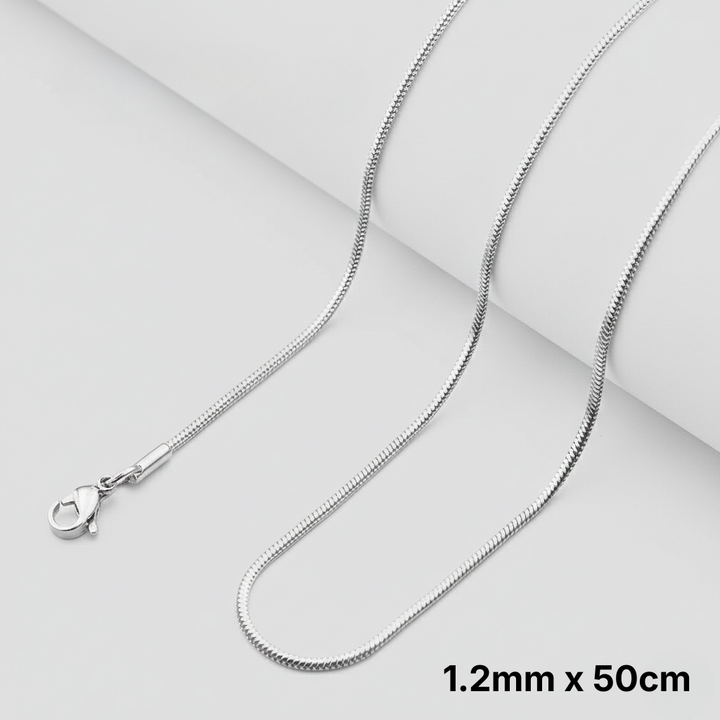 Polished stainless steel snake chain necklace with mirror finish, 50 cm length, minimal pendant-free design