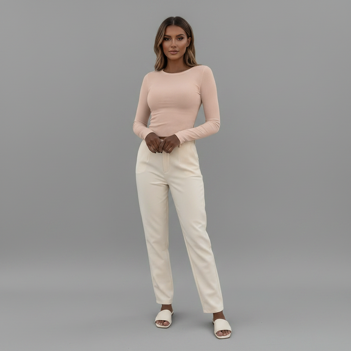 Long Sleeve Crew Neck Ribbed Top - fabric detail