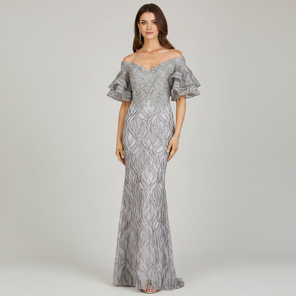 Off Shoulder Mermaid Beaded Gown with Tiered Sleeves