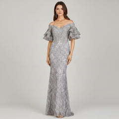 Off Shoulder Mermaid Beaded Gown with Tiered Sleeves