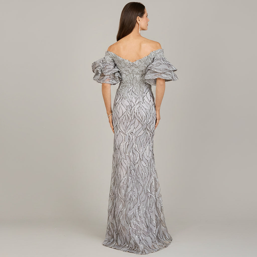 Off Shoulder Mermaid Beaded Gown with Tiered Sleeves