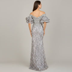 Off Shoulder Mermaid Beaded Gown with Tiered Sleeves