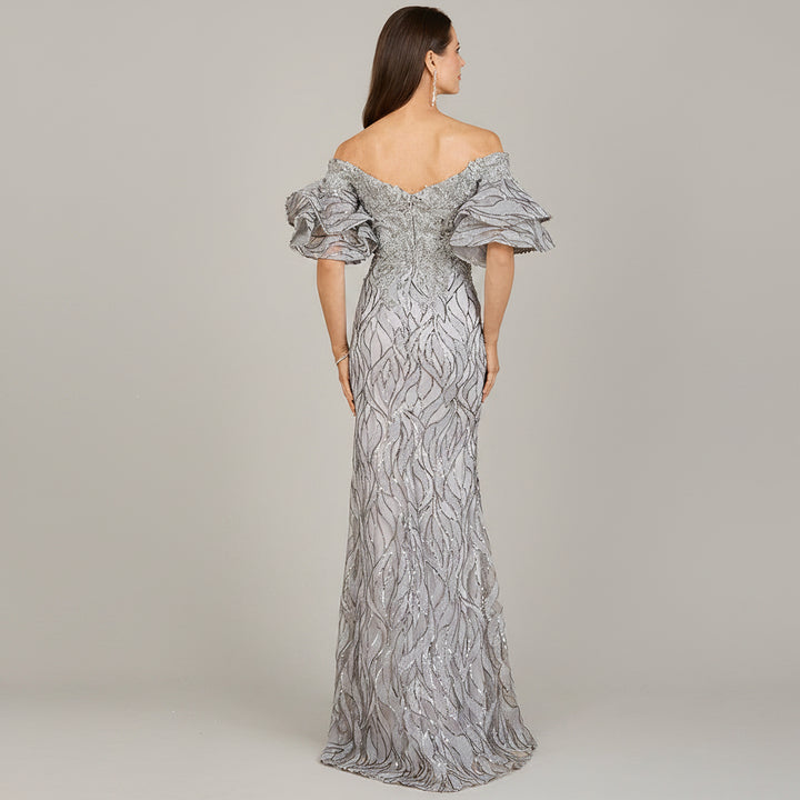 Off Shoulder Mermaid Beaded Gown with Tiered Sleeves