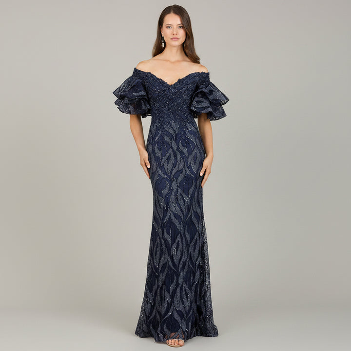 Off Shoulder Mermaid Beaded Gown with Tiered Sleeves