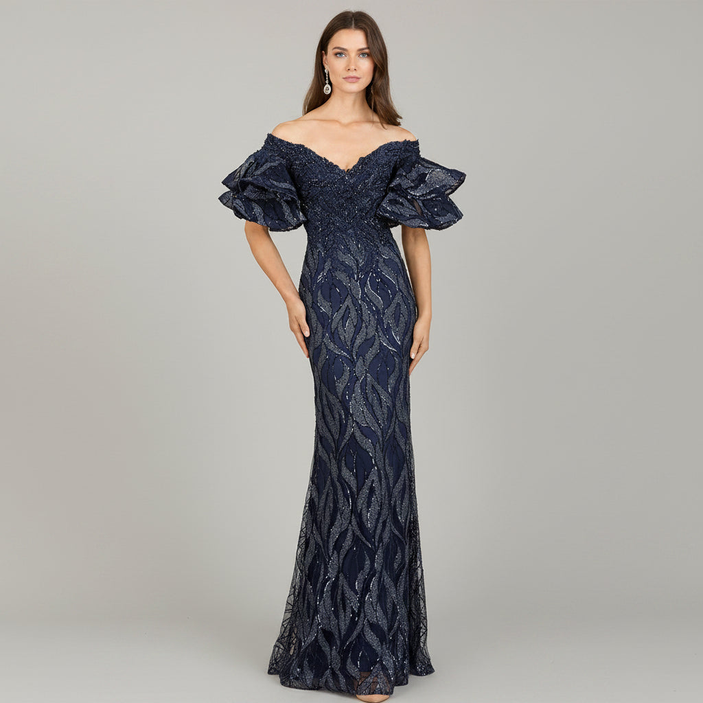 Off Shoulder Mermaid Beaded Gown with Tiered Sleeves
