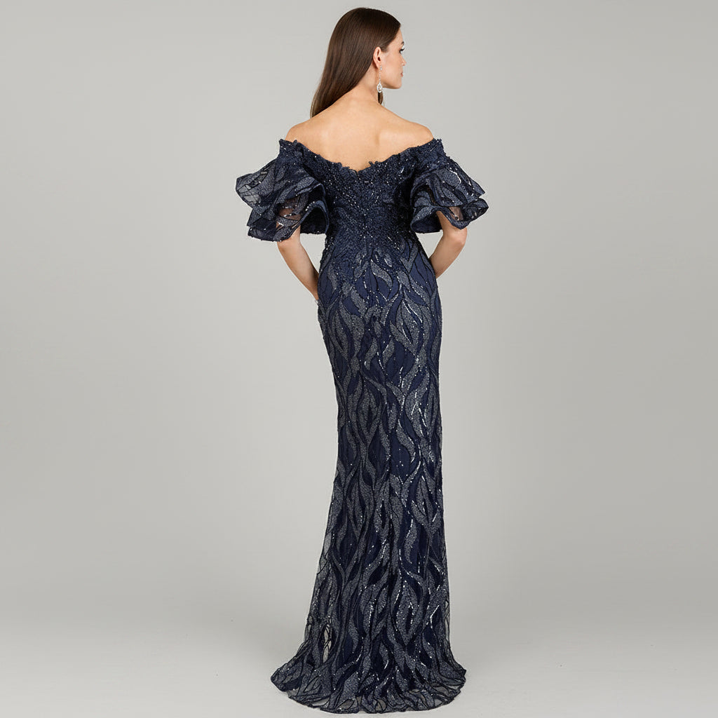 Off Shoulder Mermaid Beaded Gown with Tiered Sleeves