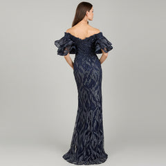 Off Shoulder Mermaid Beaded Gown with Tiered Sleeves