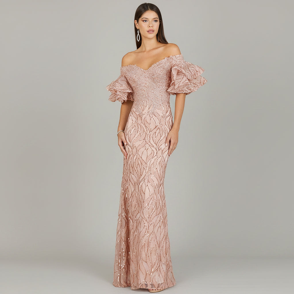 Off Shoulder Mermaid Beaded Gown with Tiered Sleeves