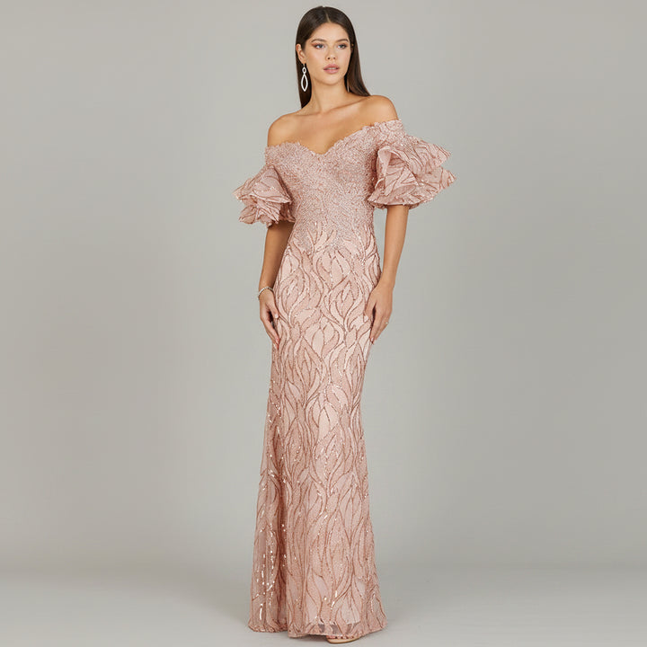 Off Shoulder Mermaid Beaded Gown with Tiered Sleeves