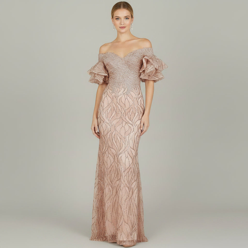 Off Shoulder Mermaid Beaded Gown with Tiered Sleeves