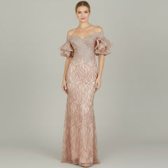 Off Shoulder Mermaid Beaded Gown with Tiered Sleeves