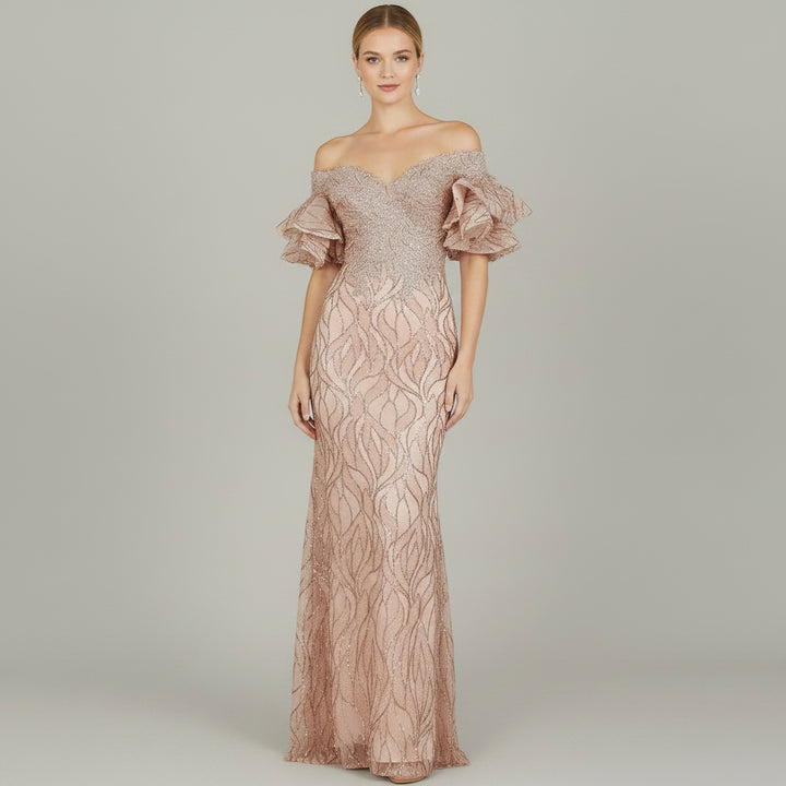Off Shoulder Mermaid Beaded Gown with Tiered Sleeves