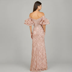 Off Shoulder Mermaid Beaded Gown with Tiered Sleeves