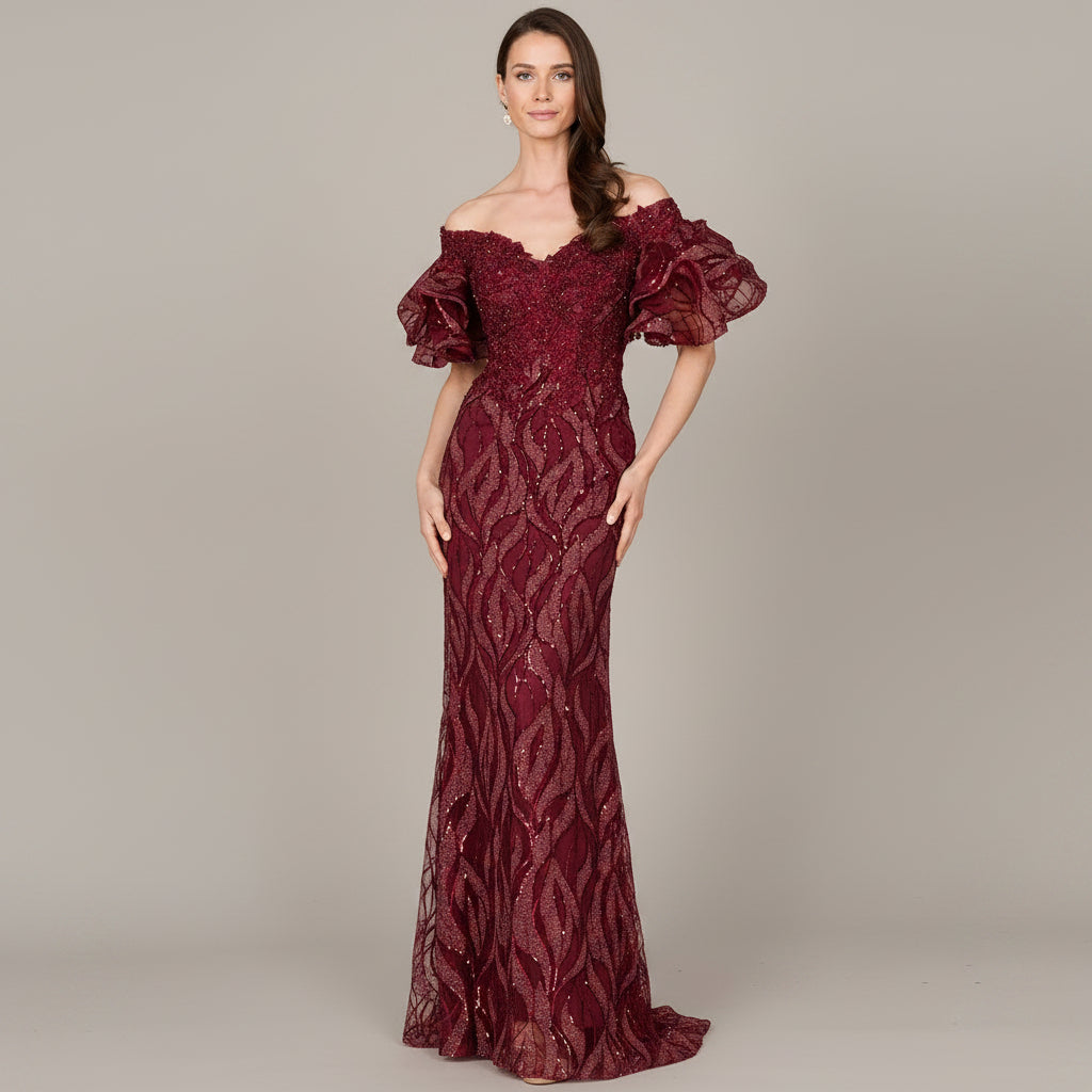 Off Shoulder Mermaid Beaded Gown with Tiered Sleeves