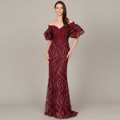 Off Shoulder Mermaid Beaded Gown with Tiered Sleeves