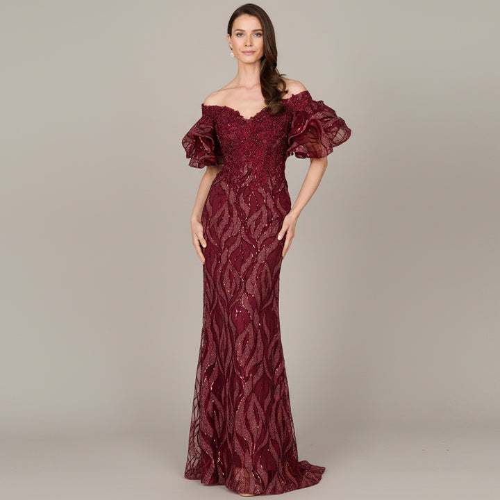 Off Shoulder Mermaid Beaded Gown with Tiered Sleeves