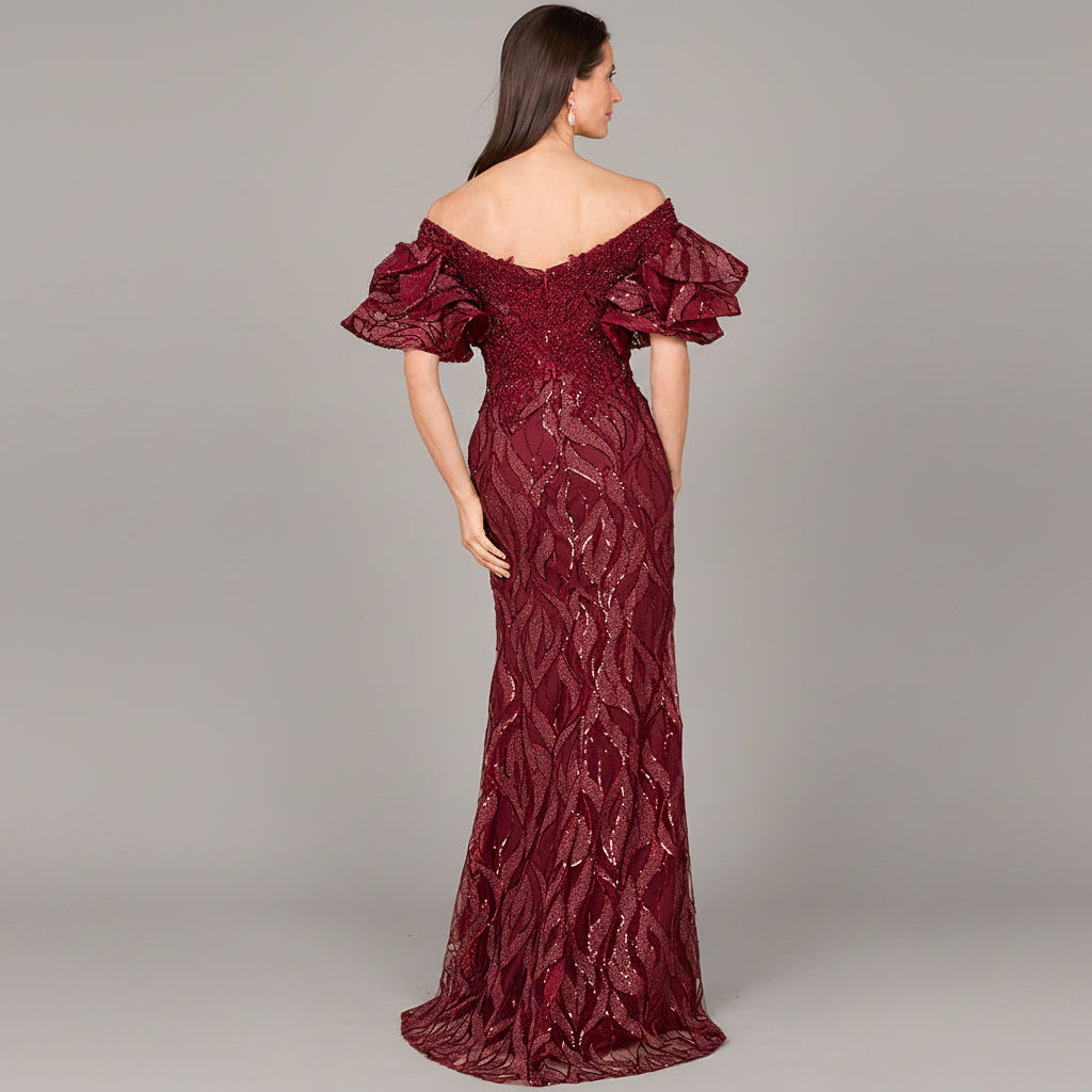Off Shoulder Mermaid Beaded Gown with Tiered Sleeves