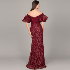 Off Shoulder Mermaid Beaded Gown with Tiered Sleeves