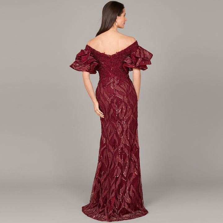 Off Shoulder Mermaid Beaded Gown with Tiered Sleeves