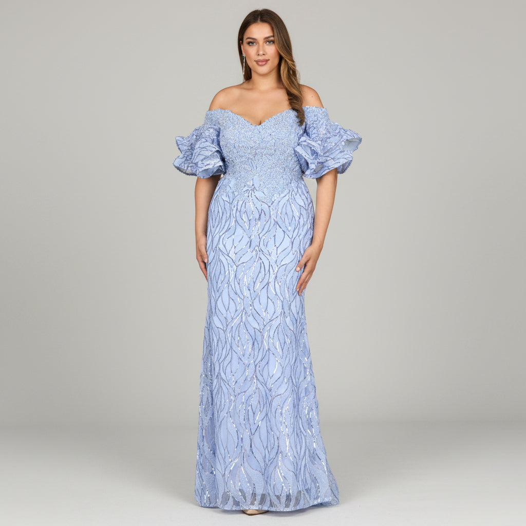 Off Shoulder Mermaid Beaded Gown with Tiered Sleeves