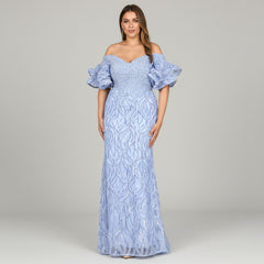 Off Shoulder Mermaid Beaded Gown with Tiered Sleeves