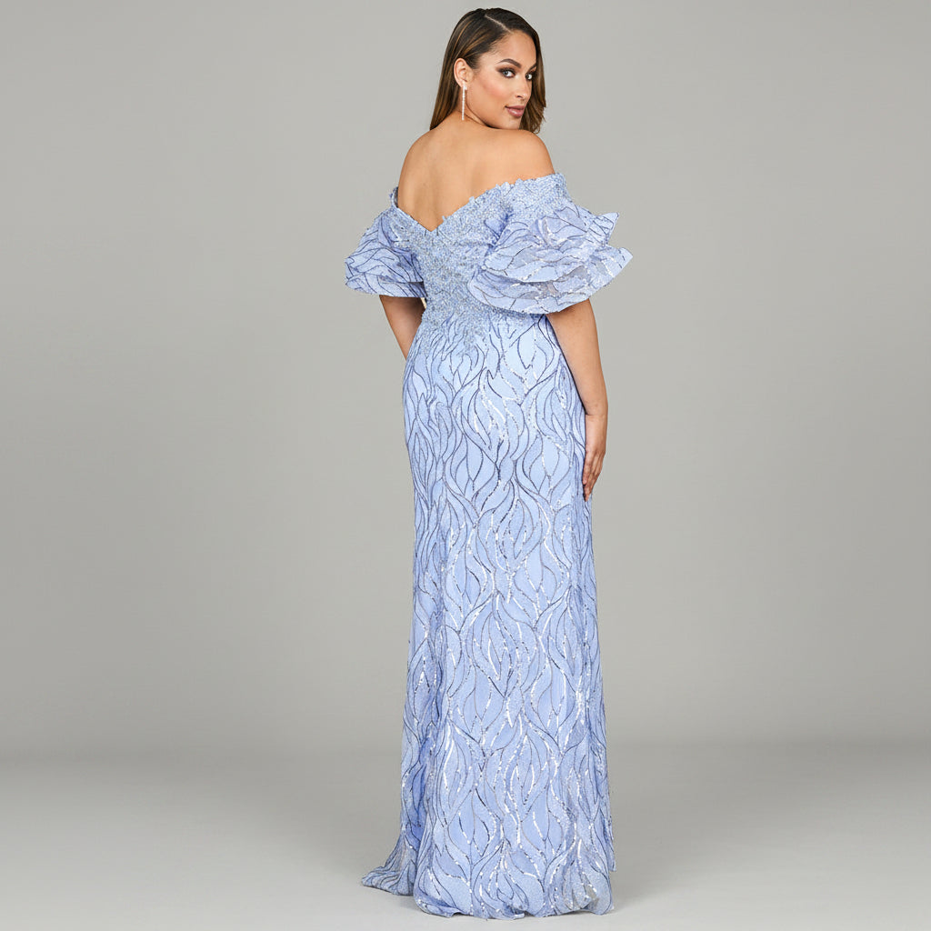 Off Shoulder Mermaid Beaded Gown with Tiered Sleeves