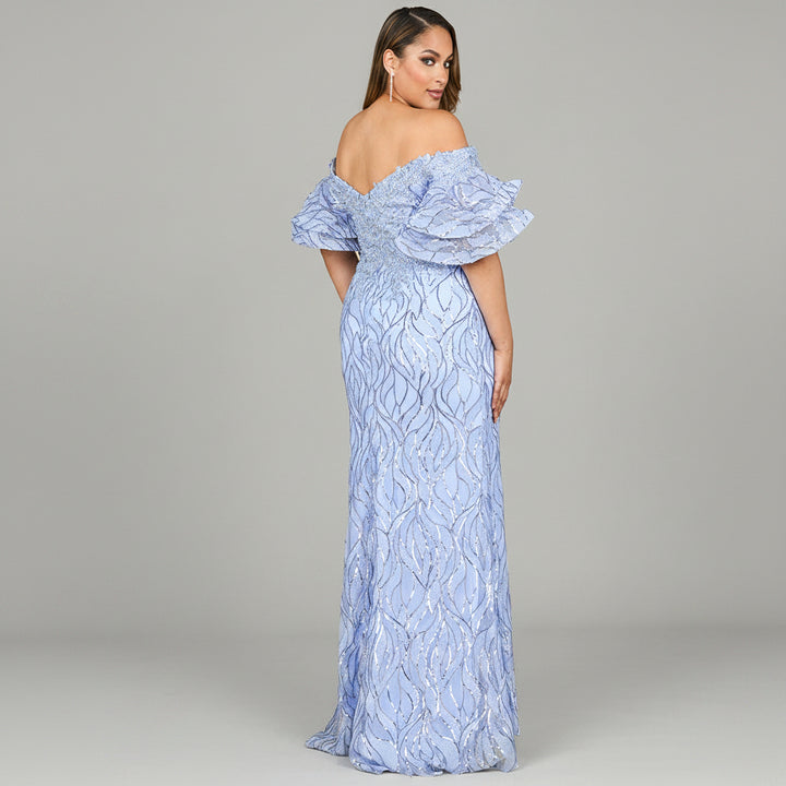 Off Shoulder Mermaid Beaded Gown with Tiered Sleeves