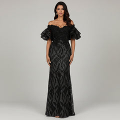 Off Shoulder Mermaid Beaded Gown with Tiered Sleeves