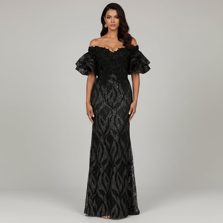 Off Shoulder Mermaid Beaded Gown with Tiered Sleeves