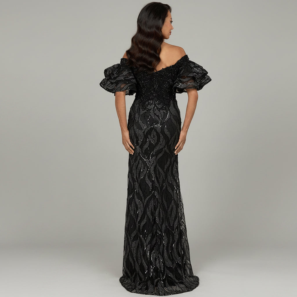 Off Shoulder Mermaid Beaded Gown with Tiered Sleeves