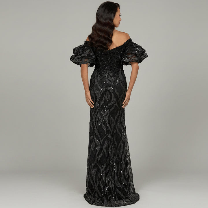 Off Shoulder Mermaid Beaded Gown with Tiered Sleeves
