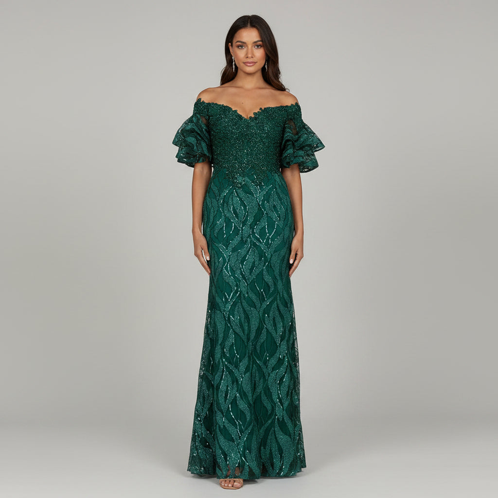 Off Shoulder Mermaid Beaded Gown with Tiered Sleeves