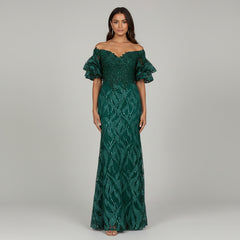 Off Shoulder Mermaid Beaded Gown with Tiered Sleeves