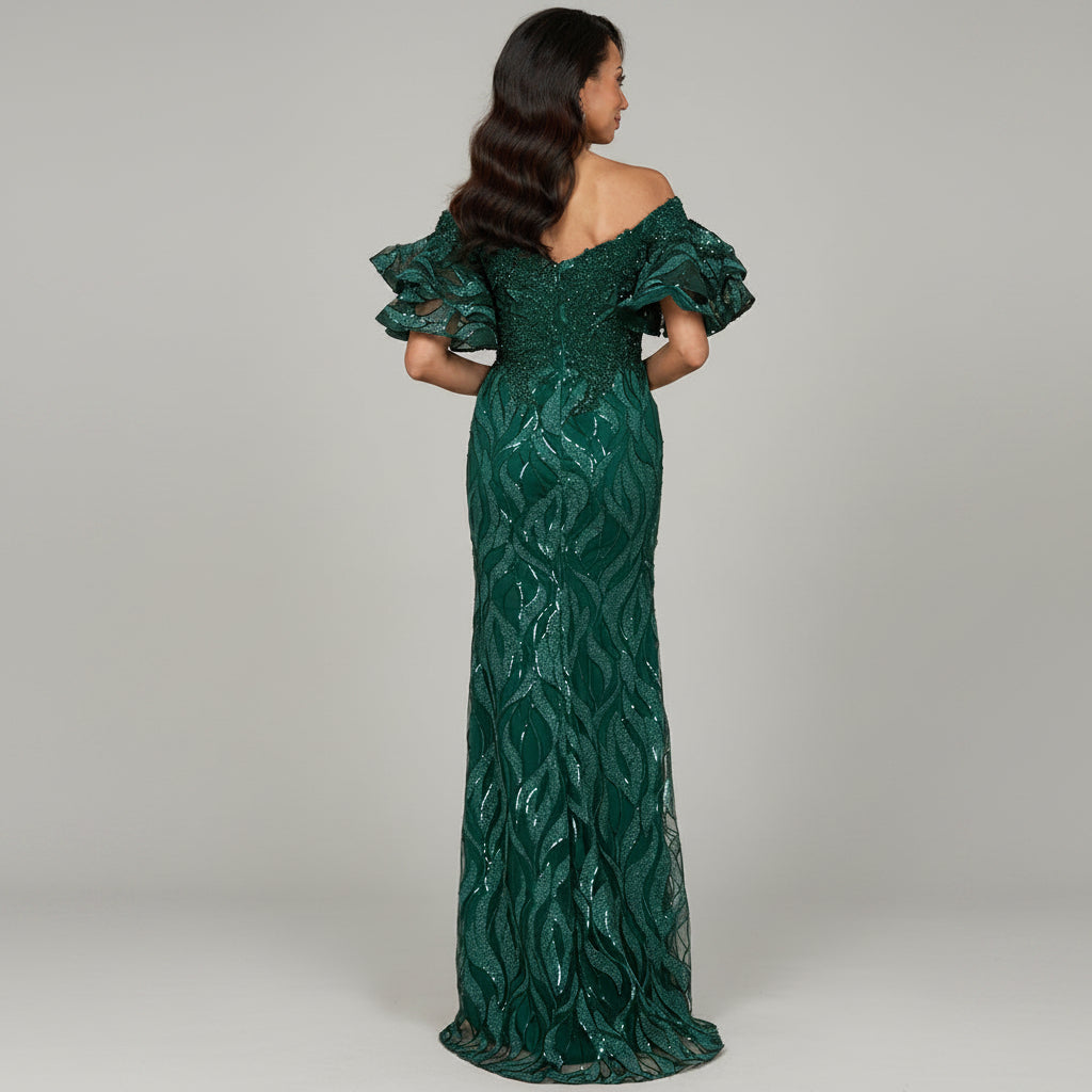 Off Shoulder Mermaid Beaded Gown with Tiered Sleeves