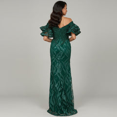 Off Shoulder Mermaid Beaded Gown with Tiered Sleeves