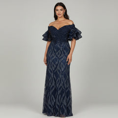 Off Shoulder Mermaid Beaded Gown with Tiered Sleeves