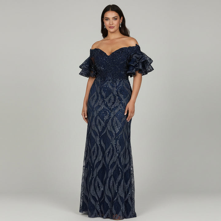 Off Shoulder Mermaid Beaded Gown with Tiered Sleeves