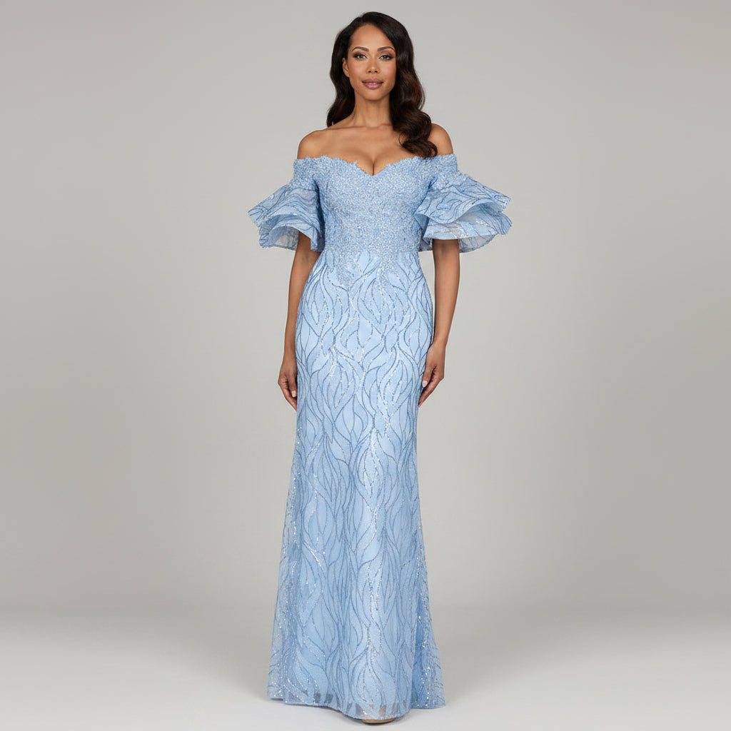 Off Shoulder Mermaid Beaded Gown with Tiered Sleeves