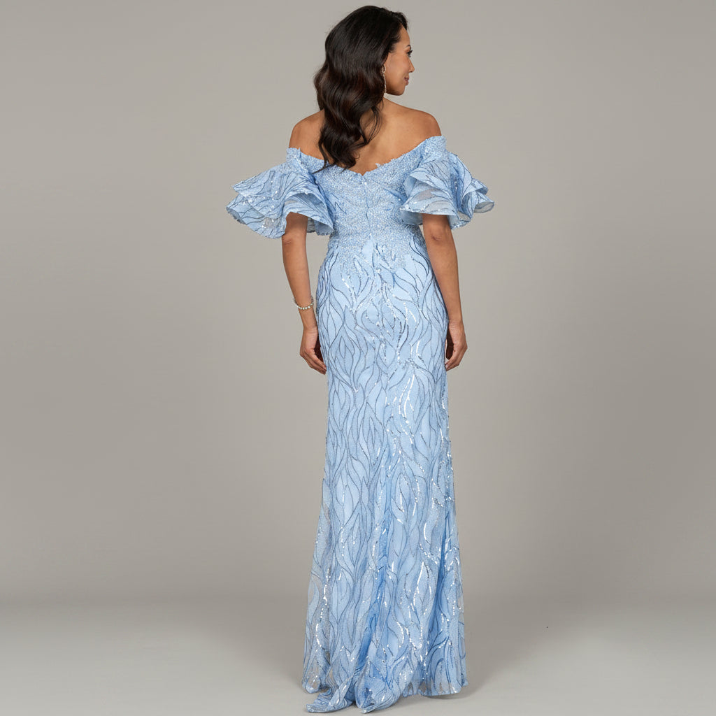 Off Shoulder Mermaid Beaded Gown with Tiered Sleeves