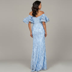 Off Shoulder Mermaid Beaded Gown with Tiered Sleeves