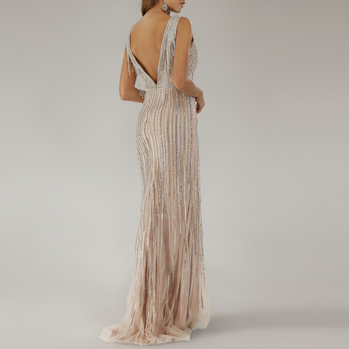 Beaded V-Neck Gown - Lara 29680