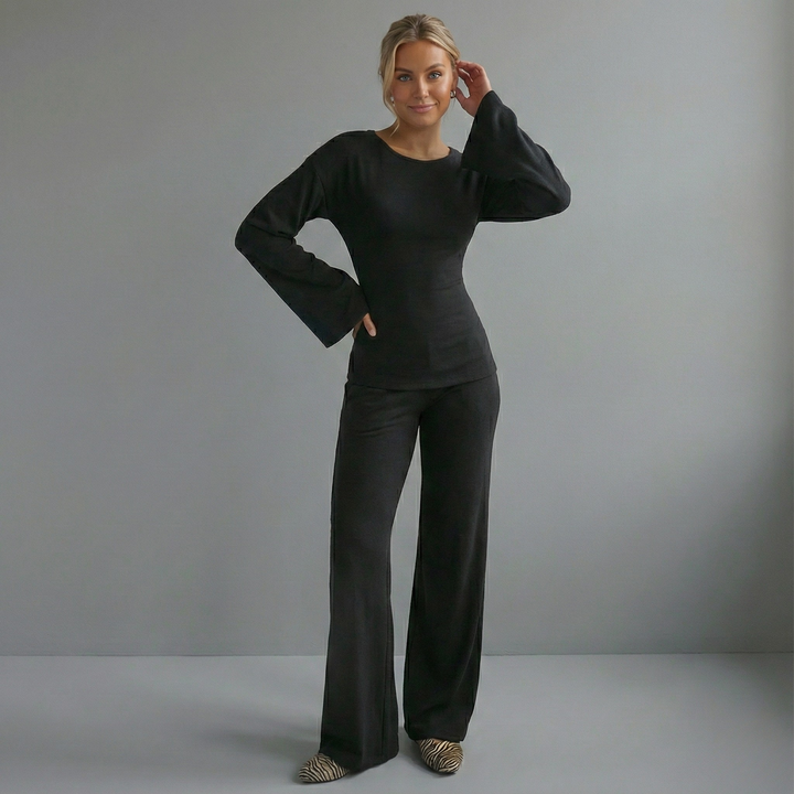 Round Neck Flare Sleeve Top & Bottom Set - close-up