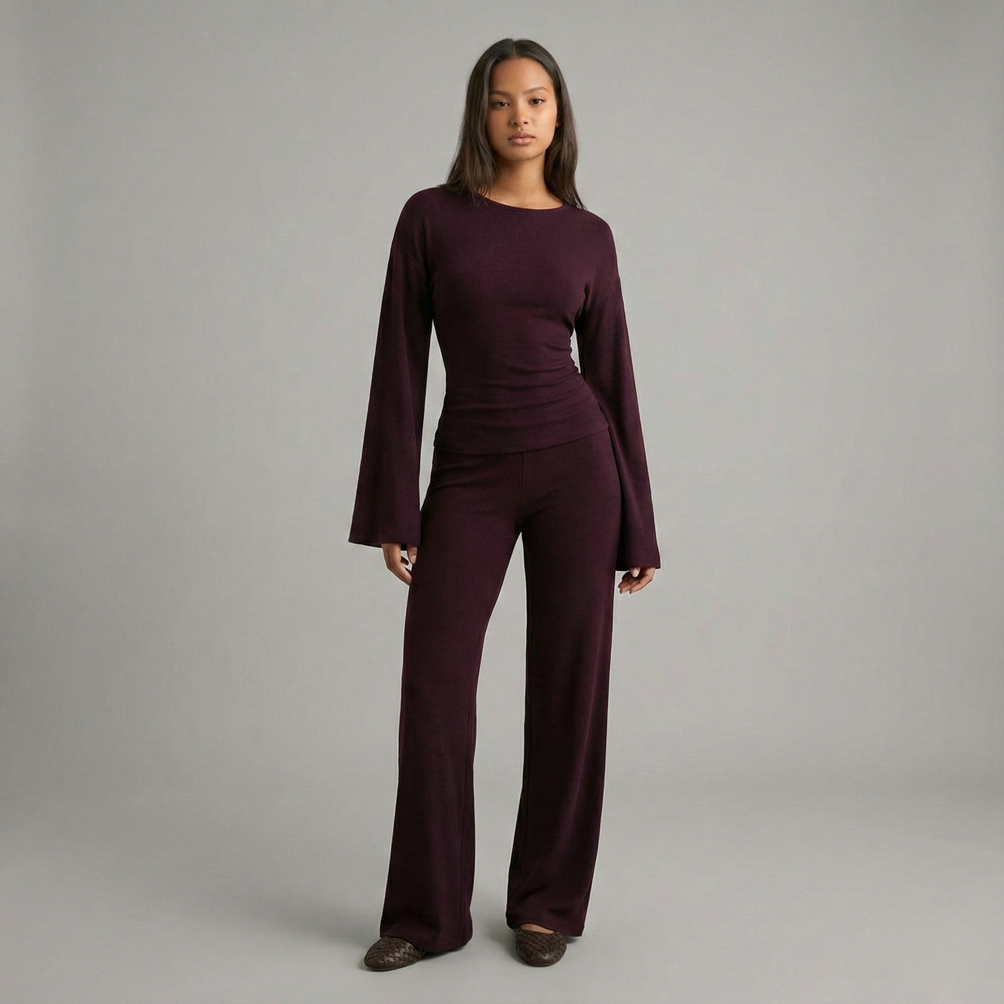 Round Neck Flare Sleeve Top & Bottom Set